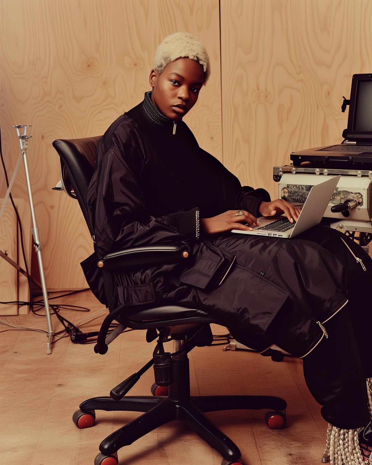 a woman sitting in a chair using a laptop computer