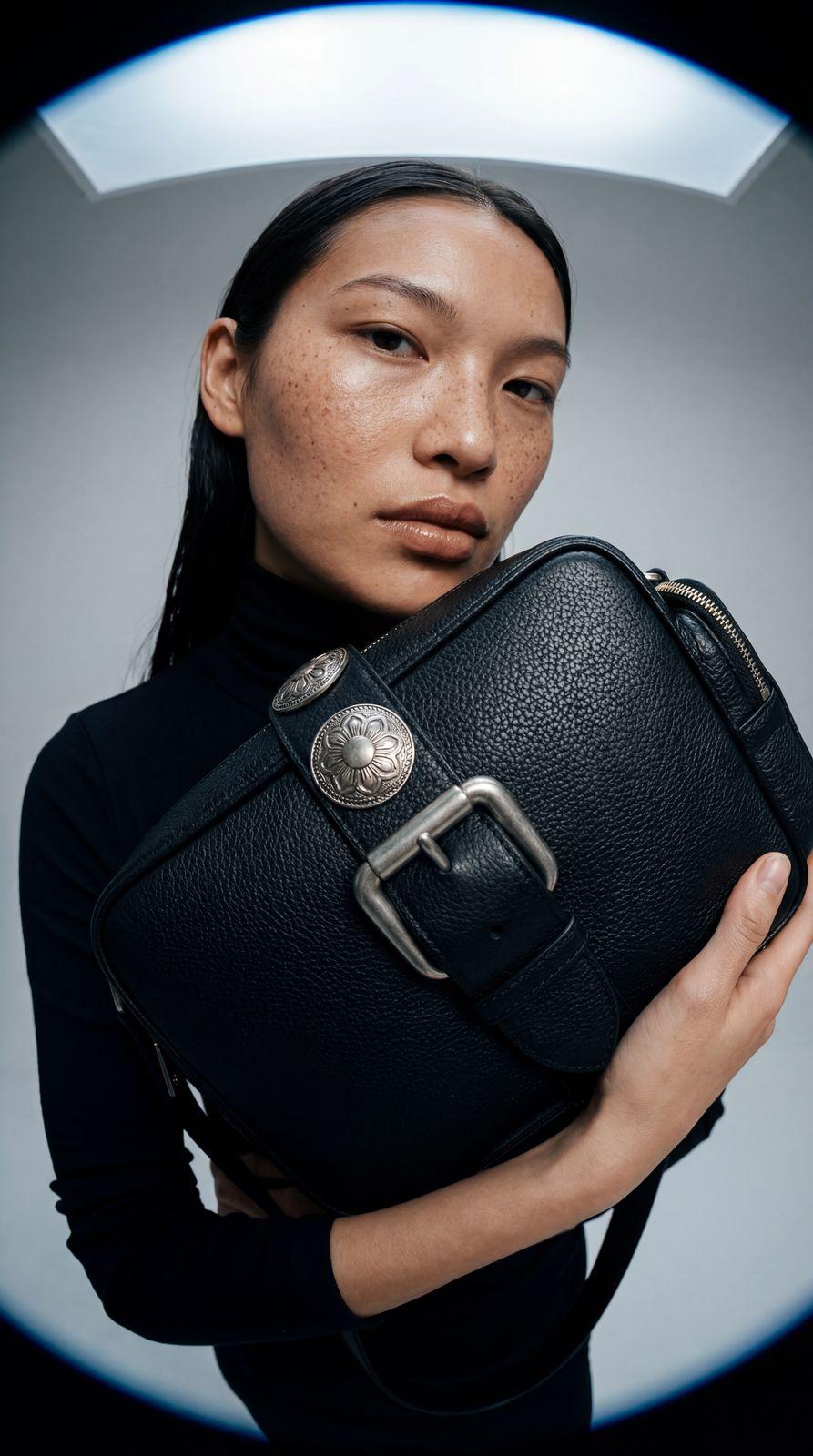 a woman holding a black purse in her hands