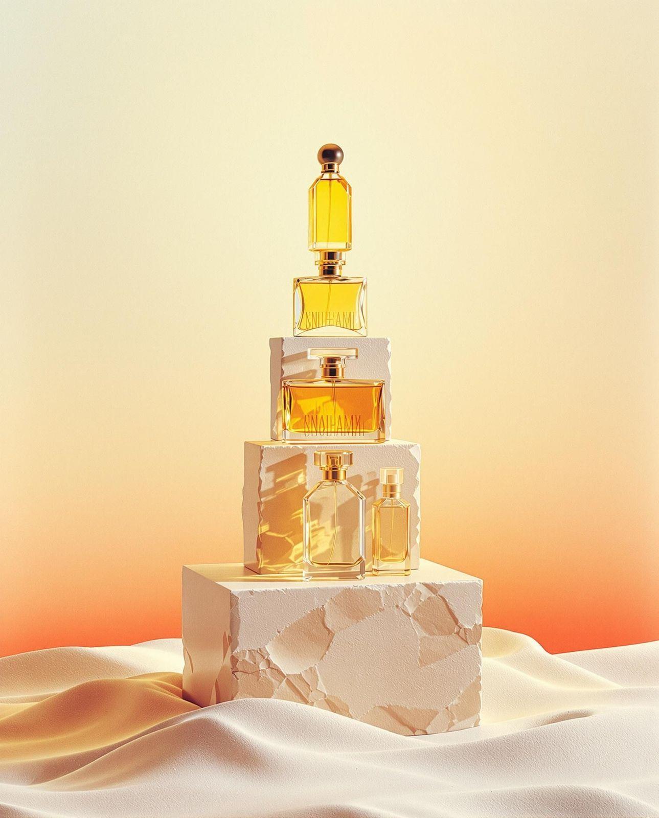 a bottle of perfume sitting on top of a block of ice