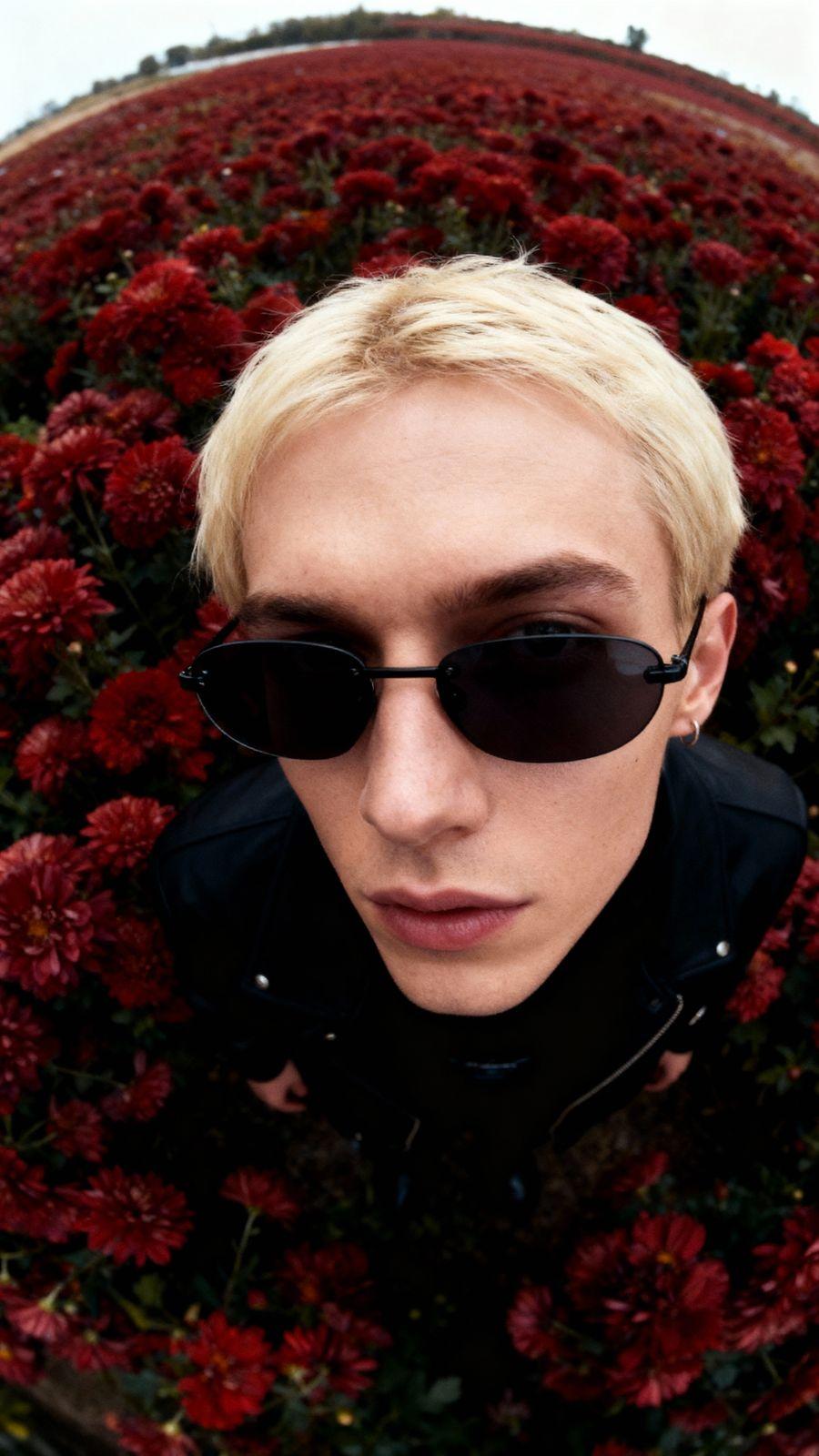 a man wearing sunglasses is standing in front of flowers
