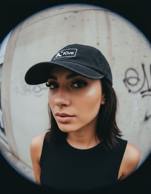 a woman wearing a black hat and black tank top