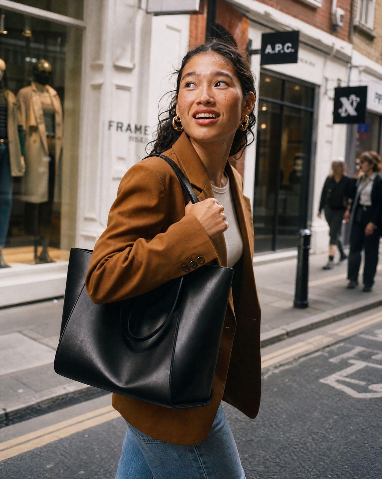 a woman walking down the street carrying a black purse
