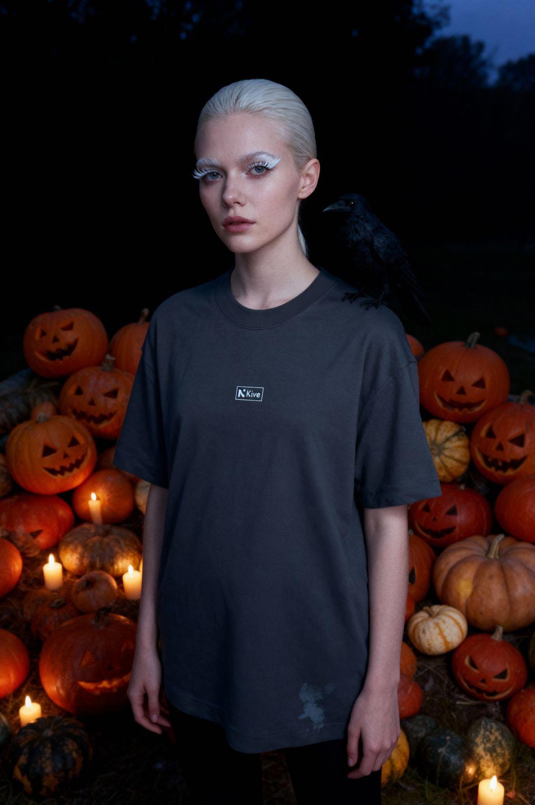 a woman standing in front of a pile of pumpkins