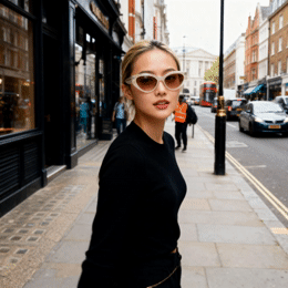 a woman in a black top and sunglasses on a city street