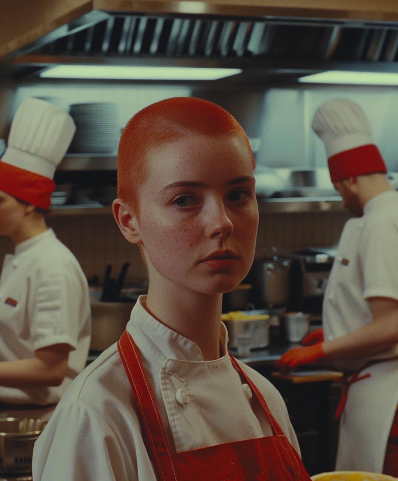 a woman with red hair standing in a kitchen