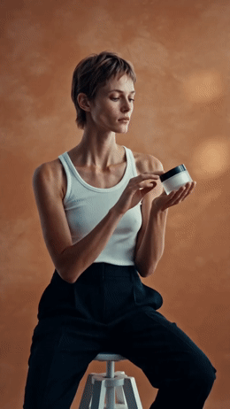a woman sitting on a stool holding a cup