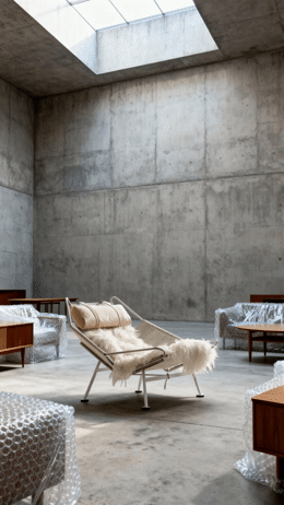 a room filled with lots of furniture and a skylight
