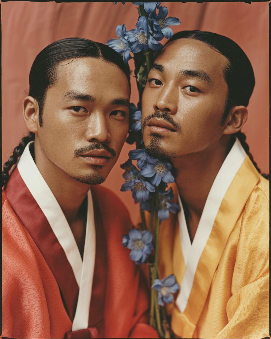 two asian men with flowers in their hair