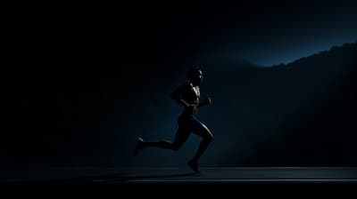 a man running in the dark with a mountain in the background