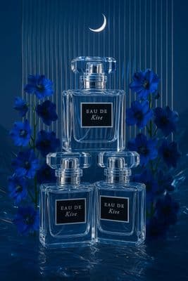 three bottles of perfume sitting next to blue flowers