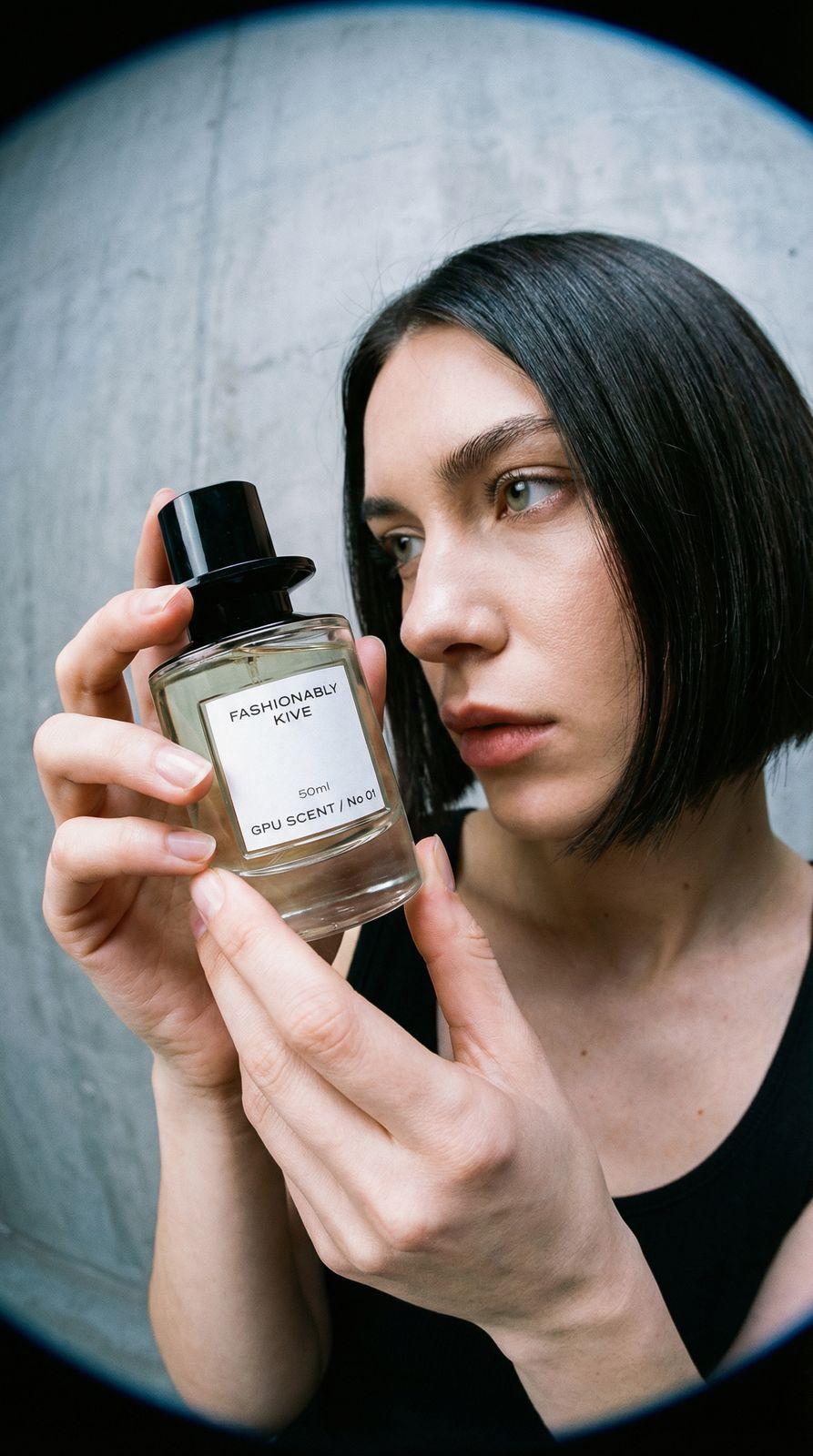a woman holding a bottle of perfume in front of her face