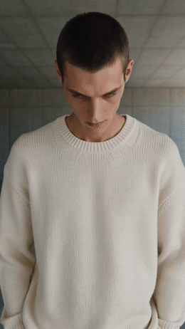a man in a white sweater looking down at his cell phone