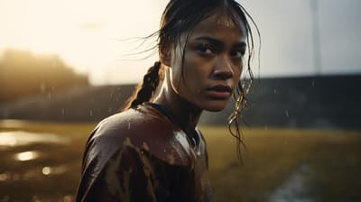 a woman standing in the rain with her hair in a ponytail