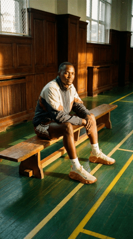 a man sitting on a bench in a building