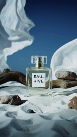 a bottle of eau kive sitting on top of a bed