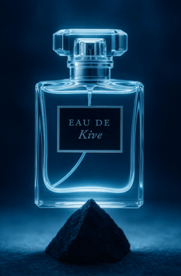 a bottle of perfume sitting on top of a rock