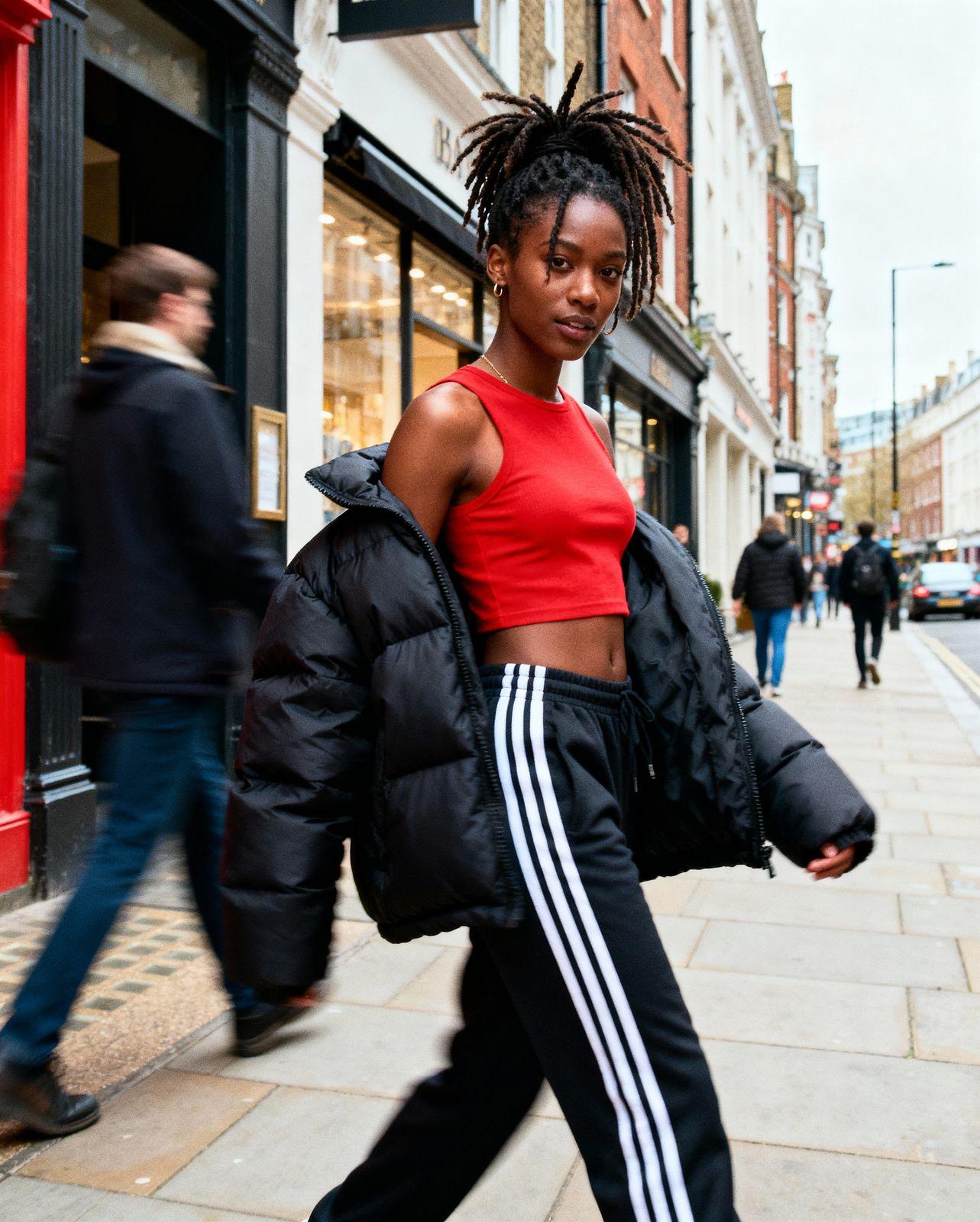 a woman with dreadlocks is walking down the street