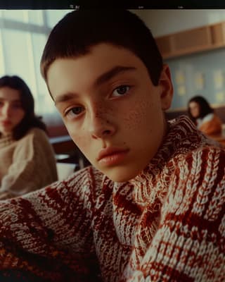 a young boy with freckles on his face sitting in a classroom