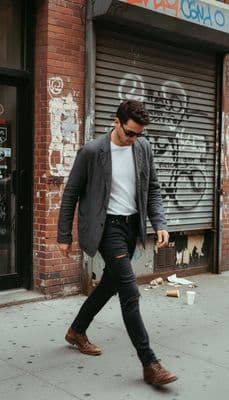 a man walking down a street next to a building
