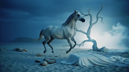 a white horse standing on top of a sandy beach