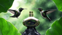 a couple of birds flying over a bottle