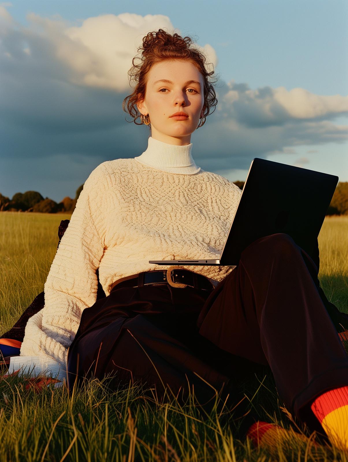 a woman sitting in the grass with a laptop