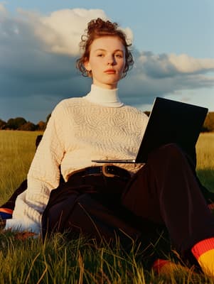 a woman sitting in the grass with a laptop