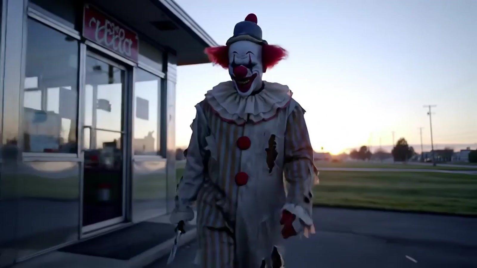a creepy clown is walking down the street