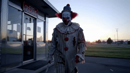 a creepy clown is walking down the street