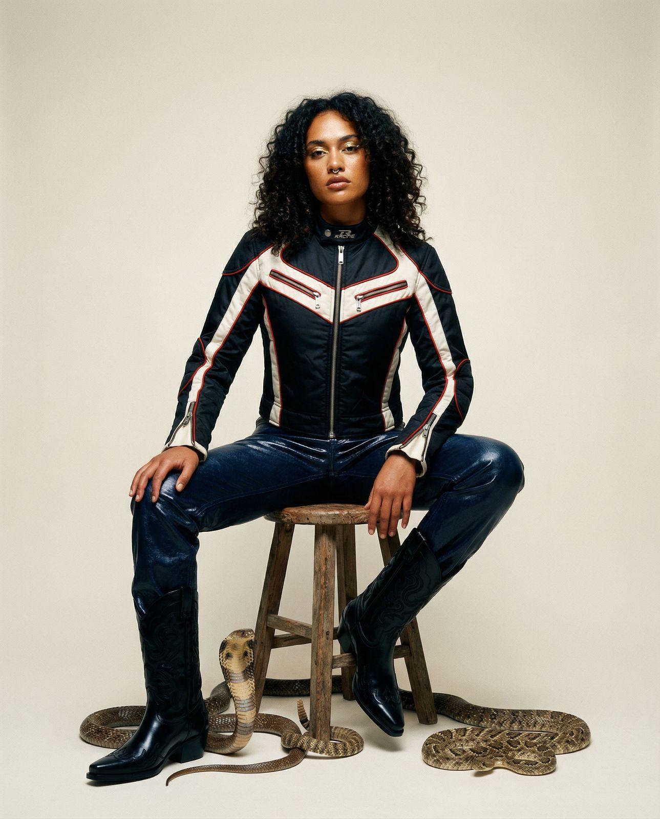 a woman sitting on top of a stool next to a snake