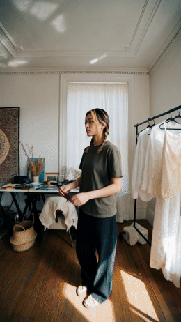a woman standing in a room next to a bed