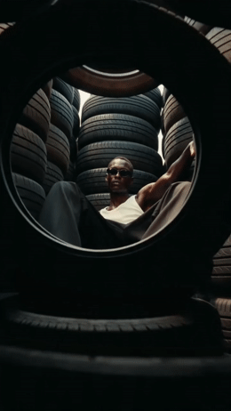 a man sitting in the back of a truck filled with tires