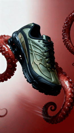 a pair of running shoes hanging from an octopus