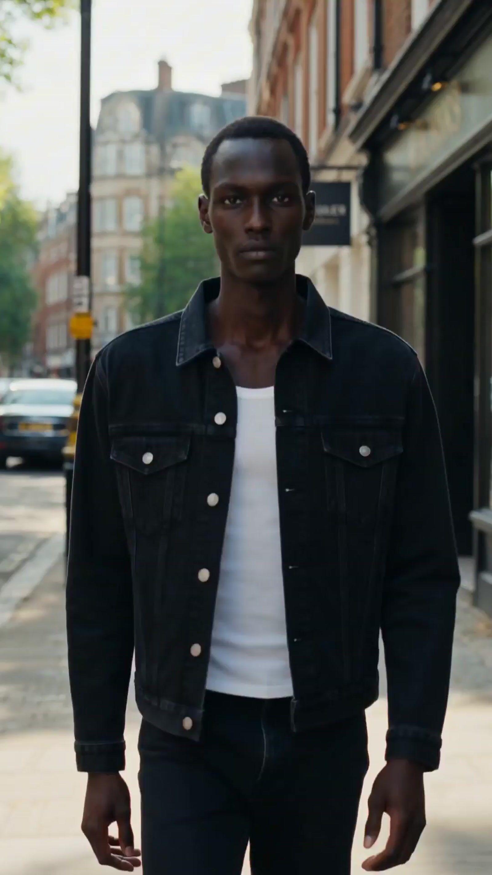 a man walking down the street wearing a jean jacket