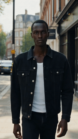 a man walking down the street wearing a jean jacket