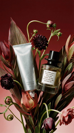 a vase filled with flowers and a bottle of perfume