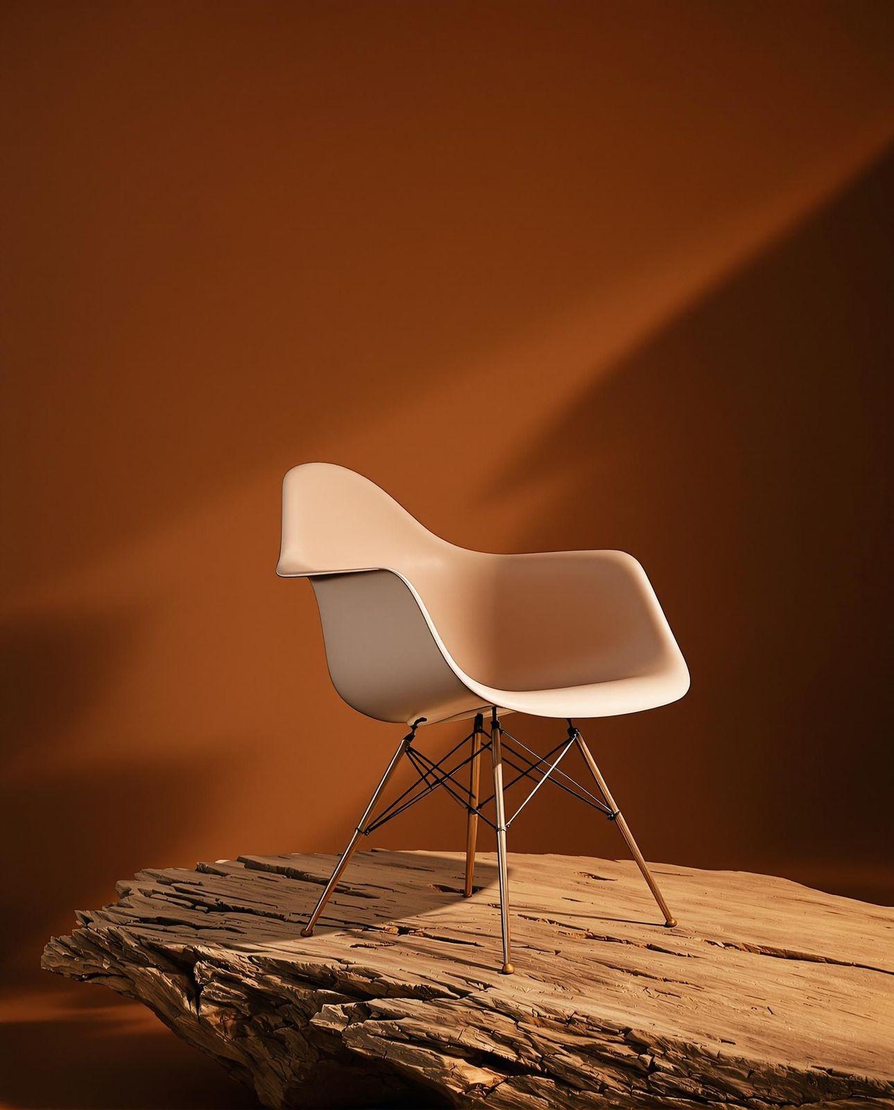 a white chair sitting on top of a wooden table