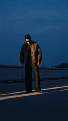 a man standing on the side of a road at night