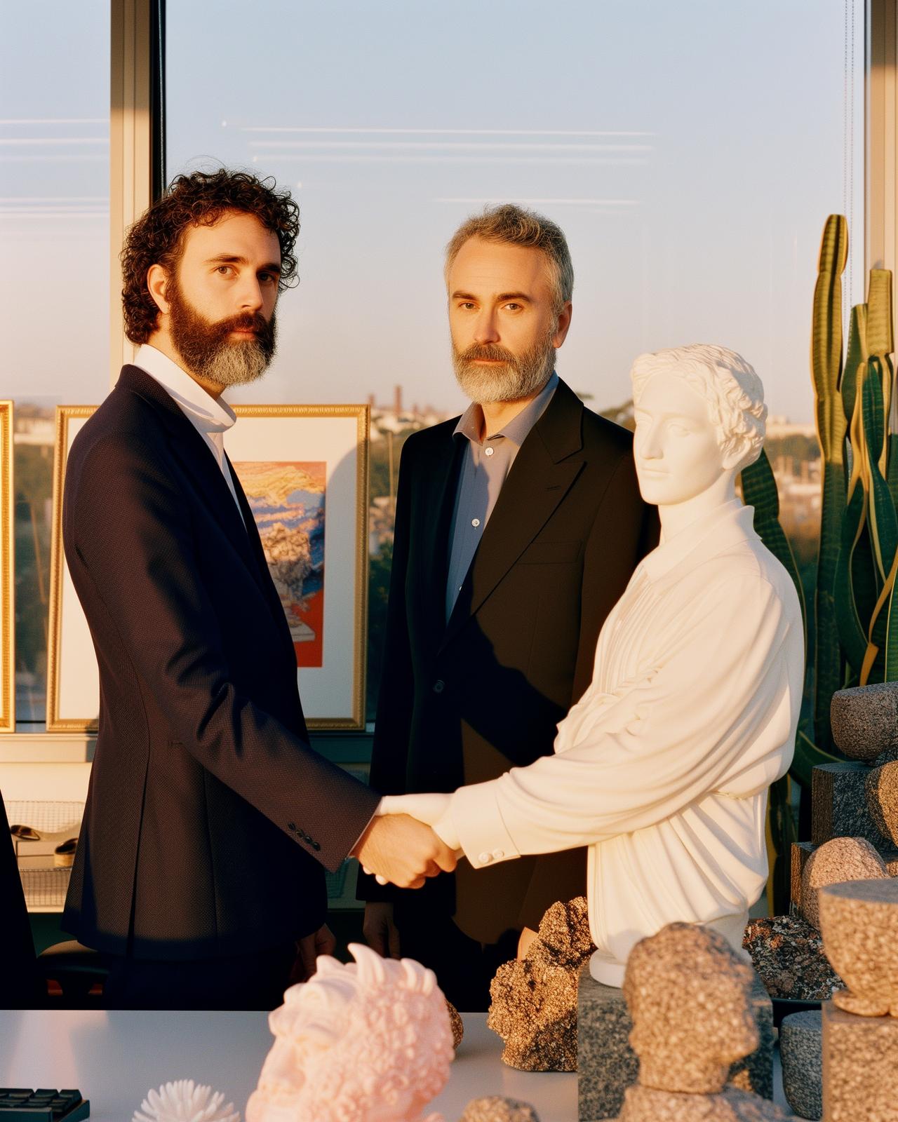 two men shaking hands in front of a statue