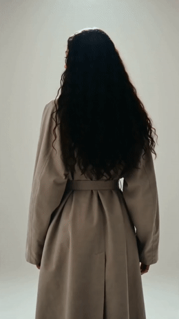 the back of a woman's coat with long curly hair