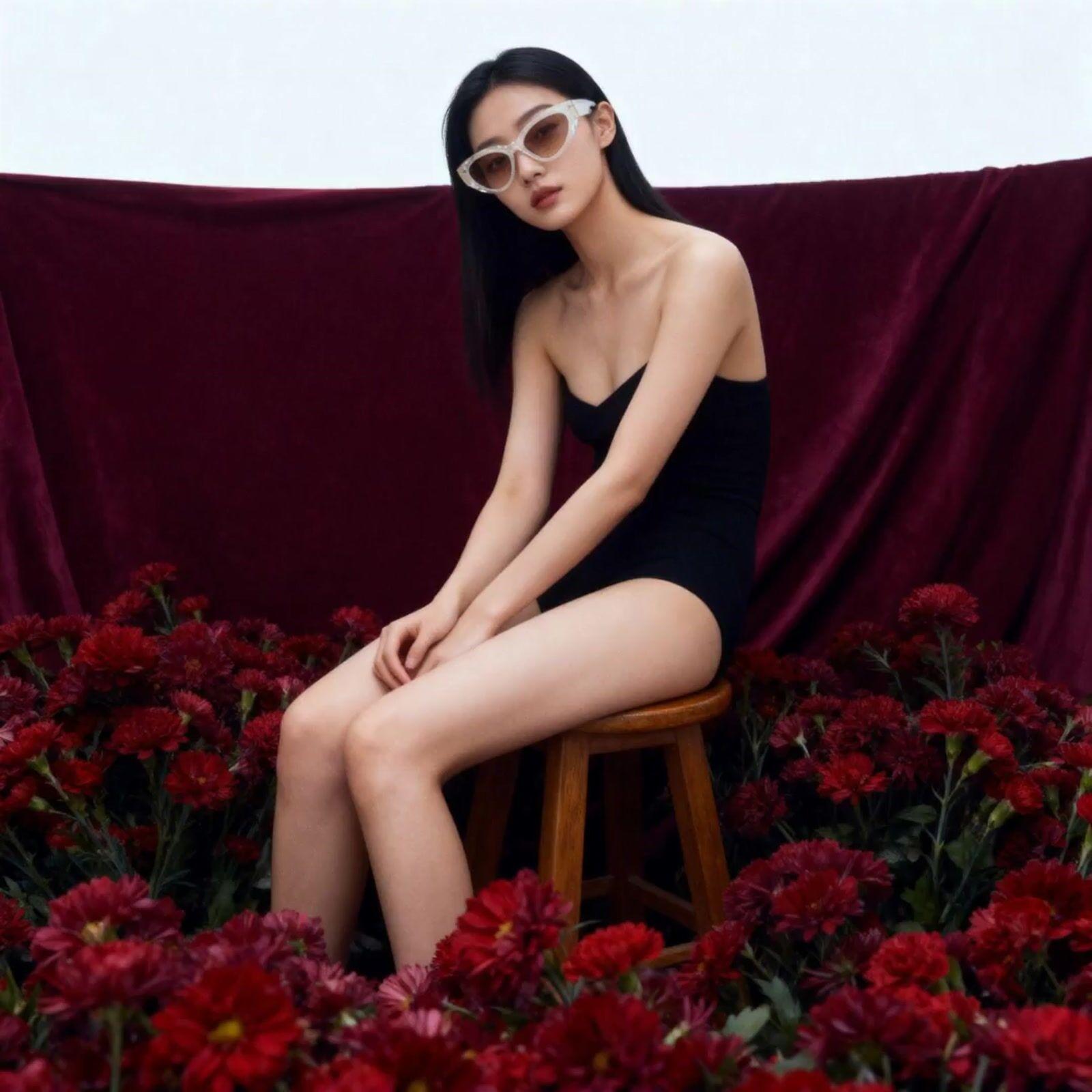 a woman in a black dress sitting on a stool