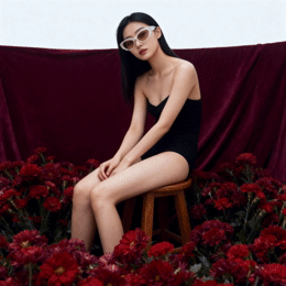 a woman in a black dress sitting on a stool