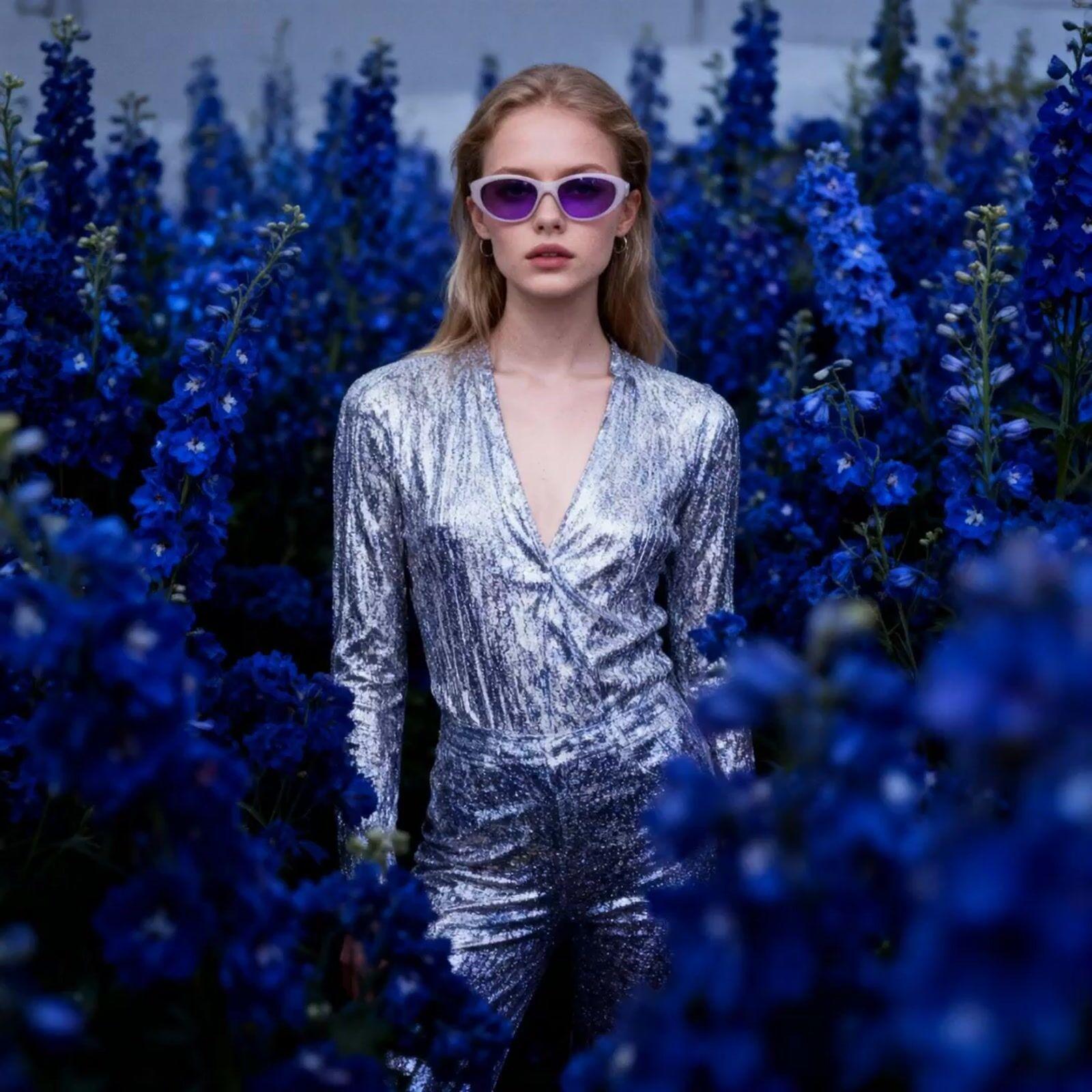 a woman wearing sunglasses standing in a field of blue flowers