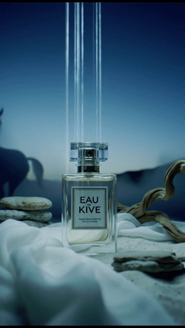 a bottle of eau kve sitting on top of a bed