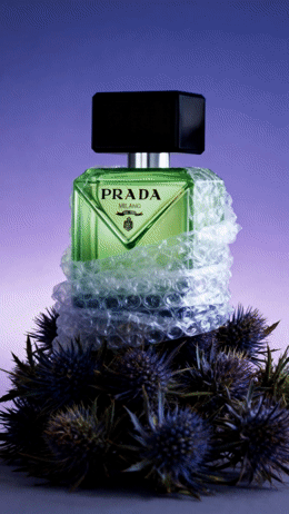 a bottle of prada cologne sitting on top of a plant