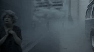 a woman standing next to a van in a foggy street