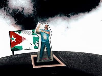 a picture of a man standing in front of a flag