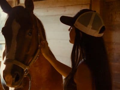 a woman petting a horse in a stable