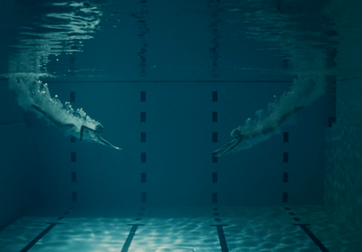 a couple of dolphins swimming in a pool