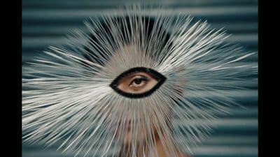 a woman's face with white hair and an eye in the center